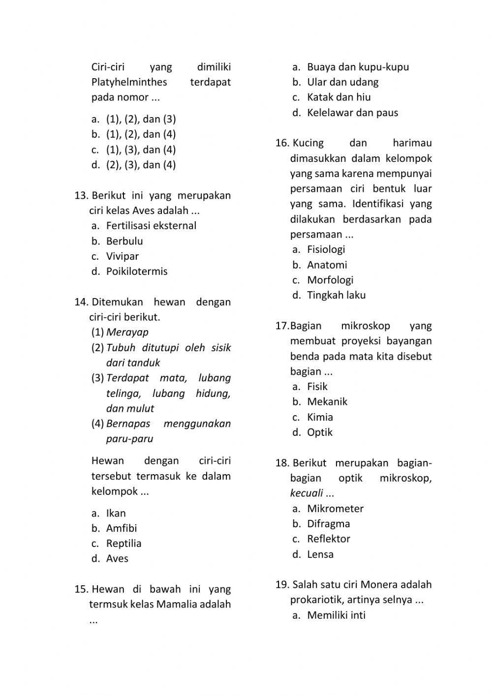 Uji Kompetensi Klasifikasi Makhluk Hidup Kelas VII
