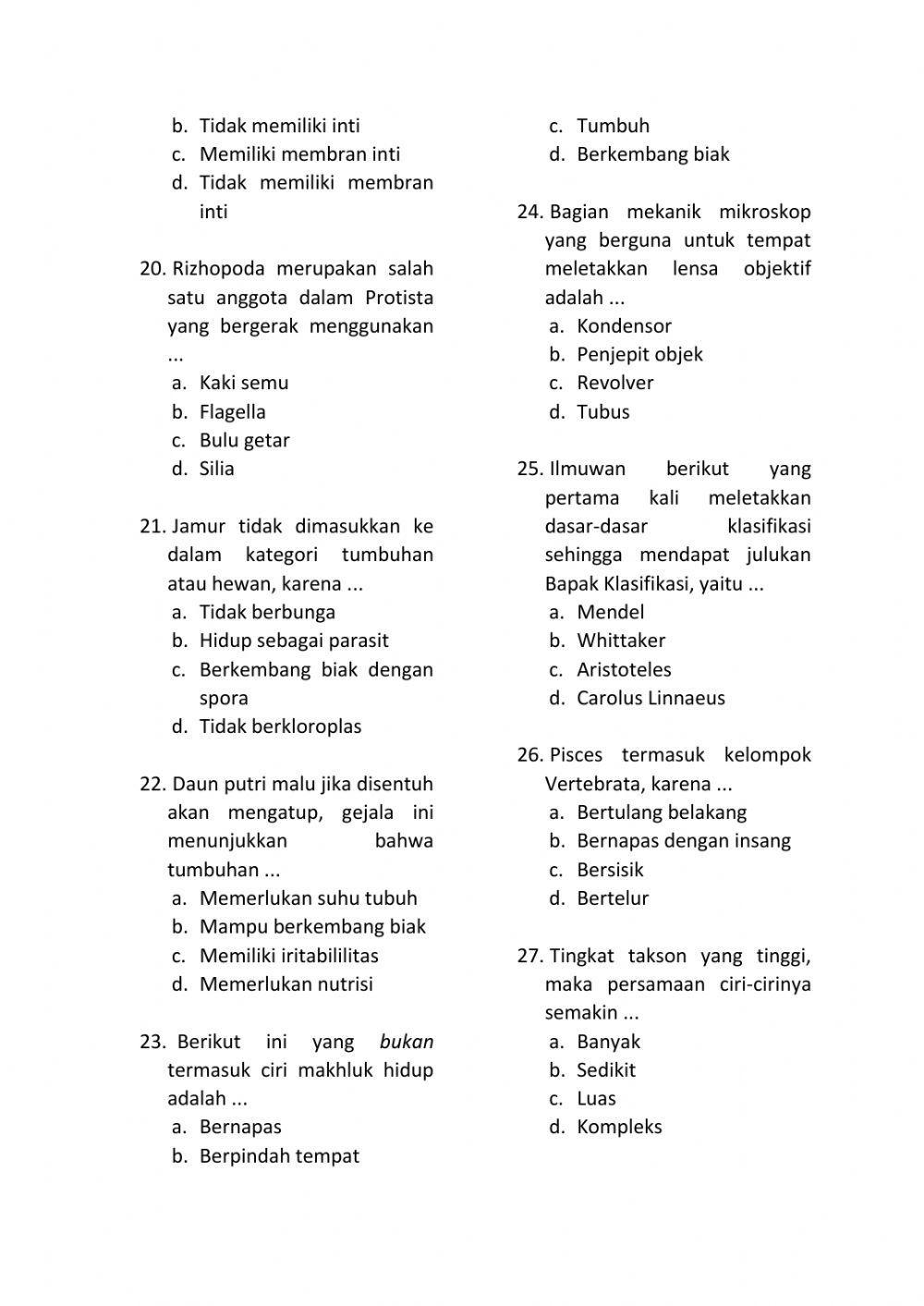 Uji Kompetensi Klasifikasi Makhluk Hidup Kelas VII