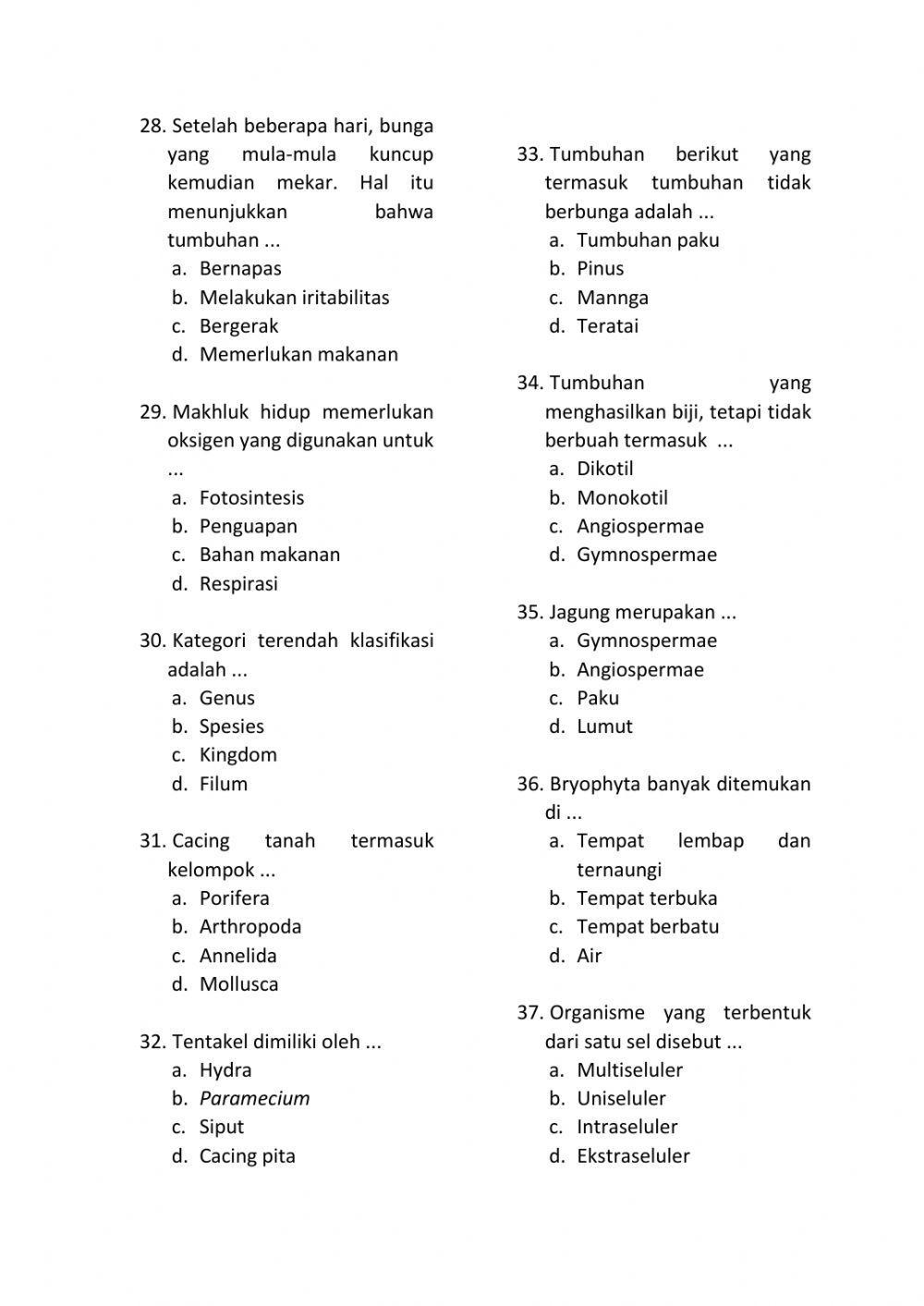 Uji Kompetensi Klasifikasi Makhluk Hidup Kelas VII