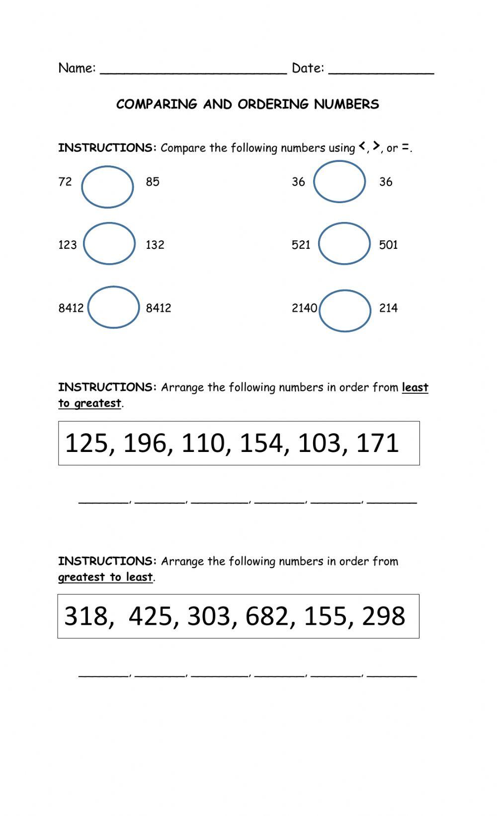 Comparing And Ordering Numbers Worksheets Ordering Numbers