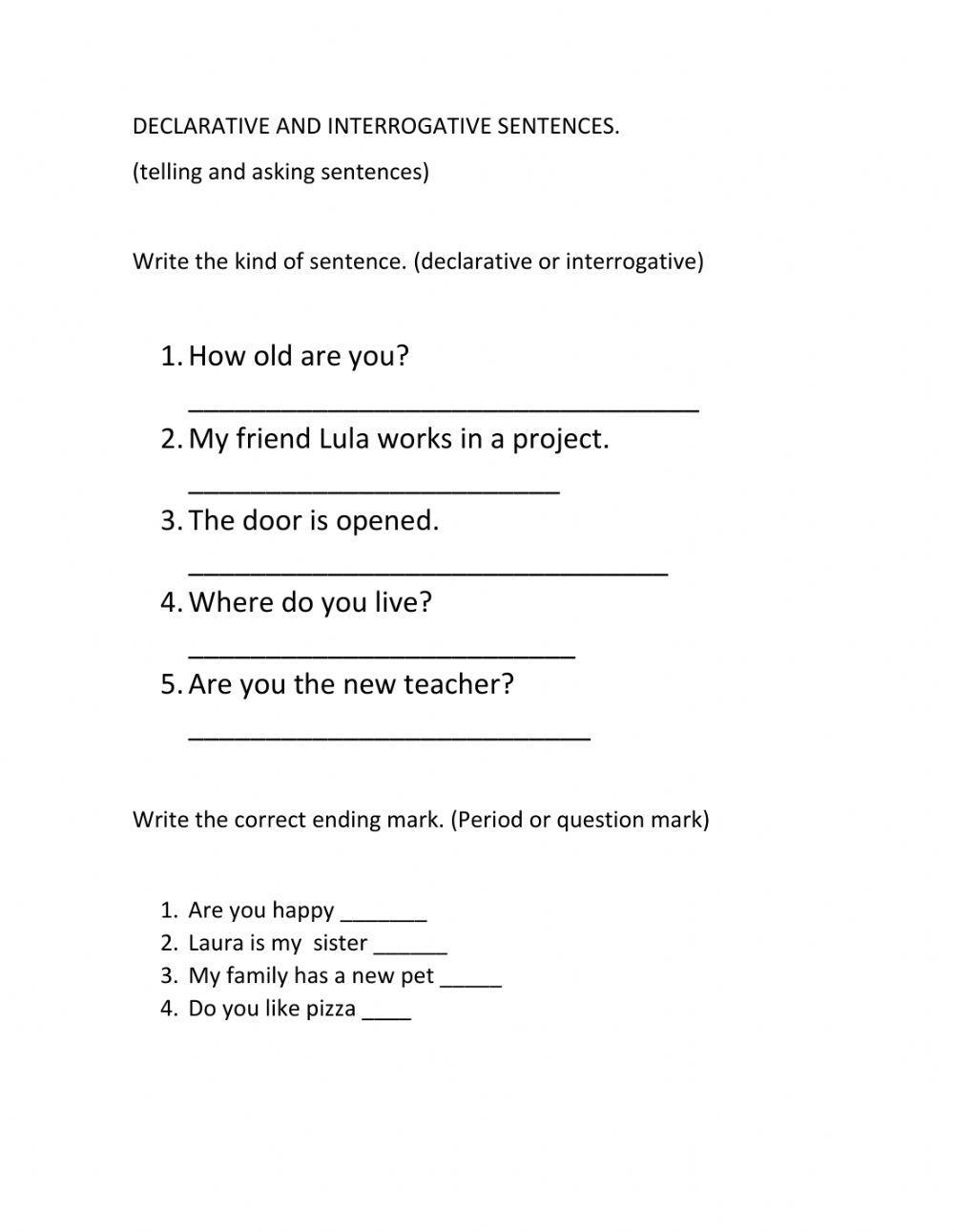 Declarative And Interrogative Sentences Worksheet Live Worksheets