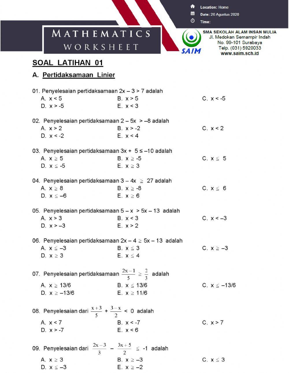 Latihan Pertidaksamaan Linier