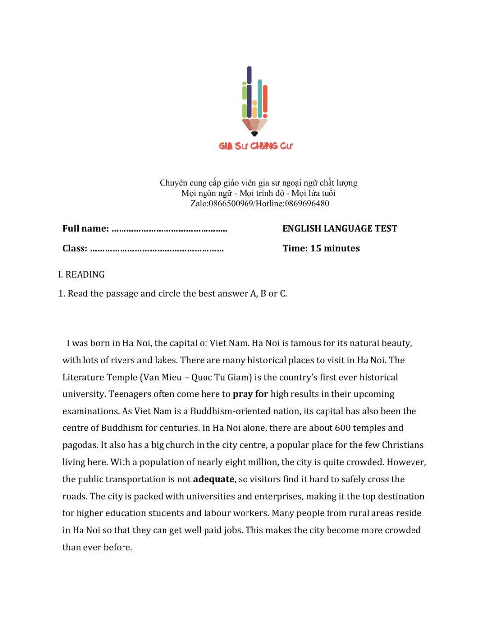 Lớp 9 - Unit 2 CITY LIFE-READING - Sách Mềm