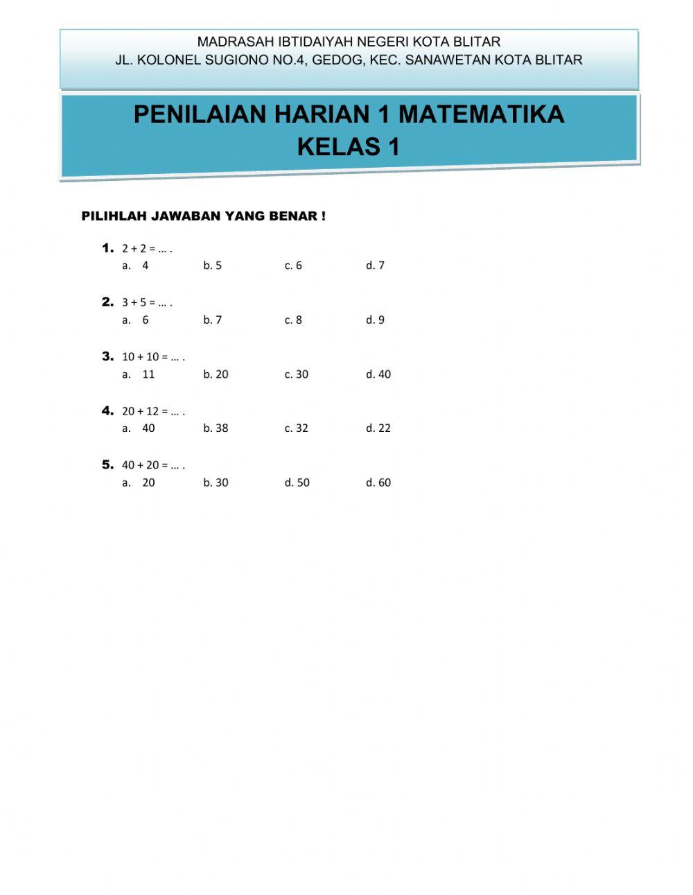 Penilaian harian 1 matematika