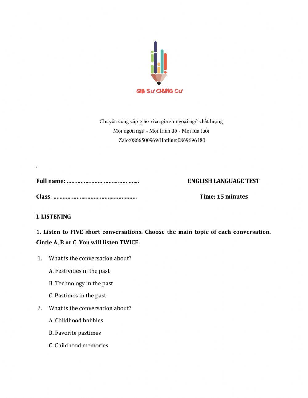 Lớp 9 - Unit 4 LIFE IN THE PAST-LISTENING