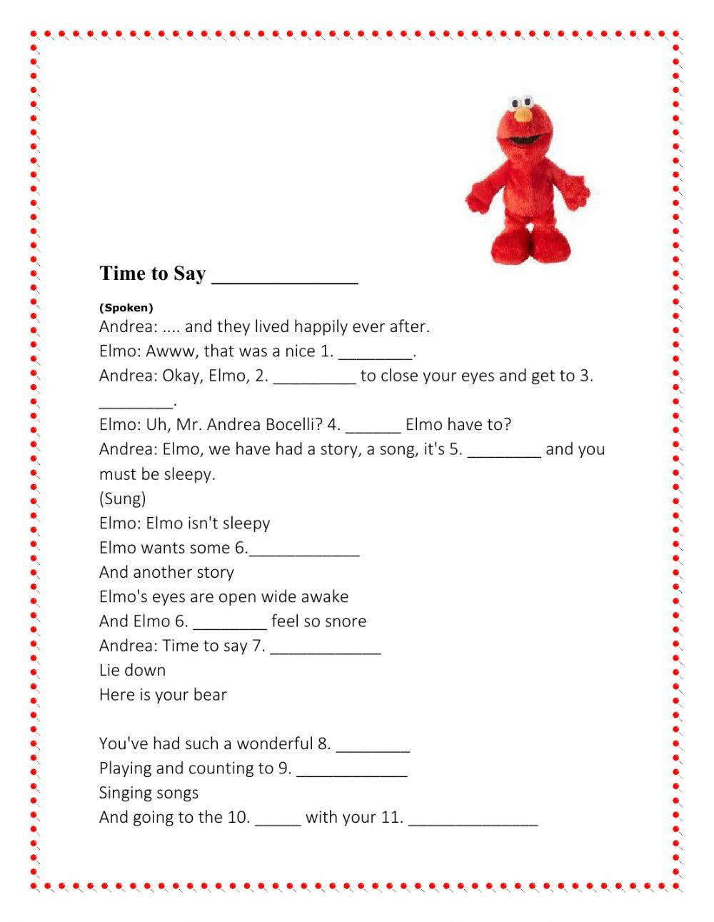 Song-Time to say good night - Elmo worksheet | Live Worksheets