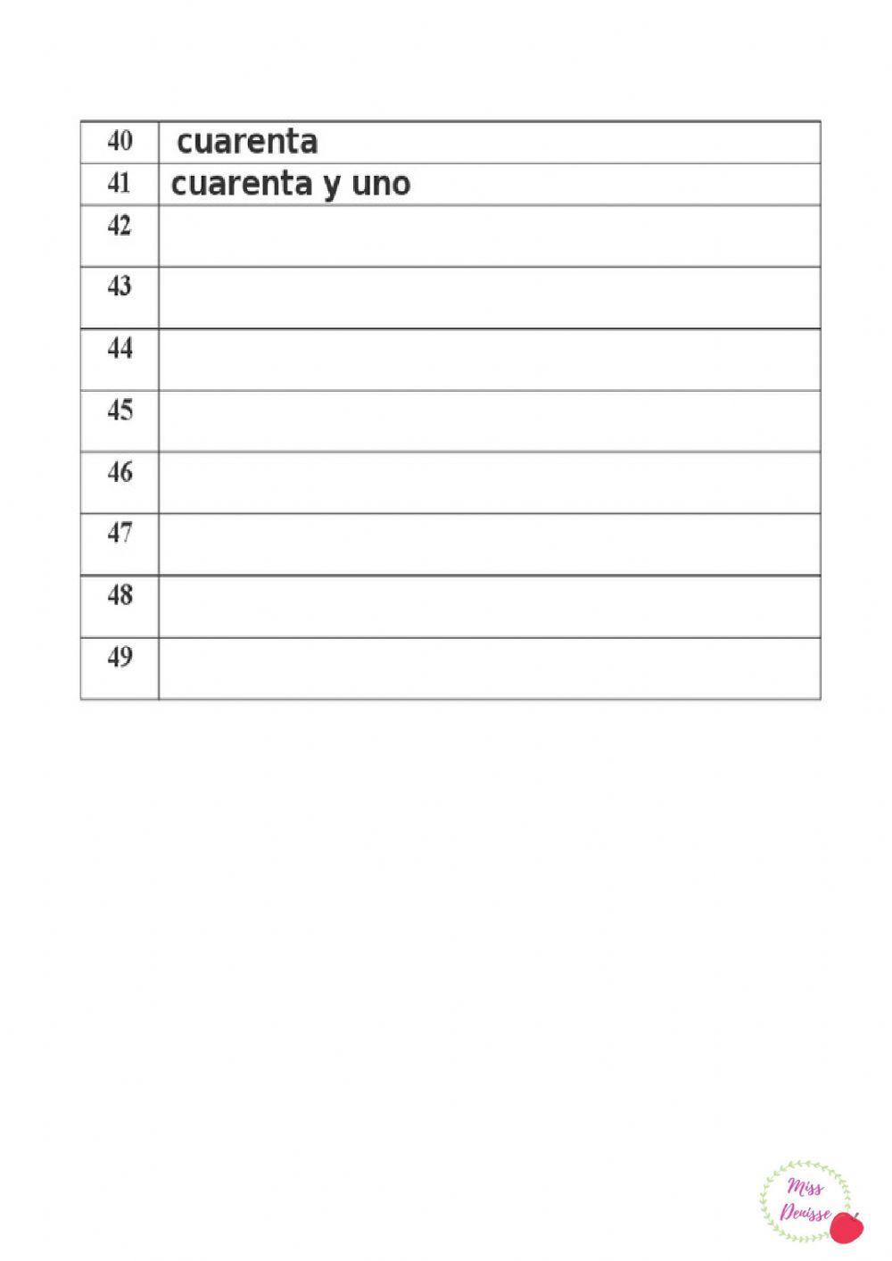 Escritura de los números del 30 al 100