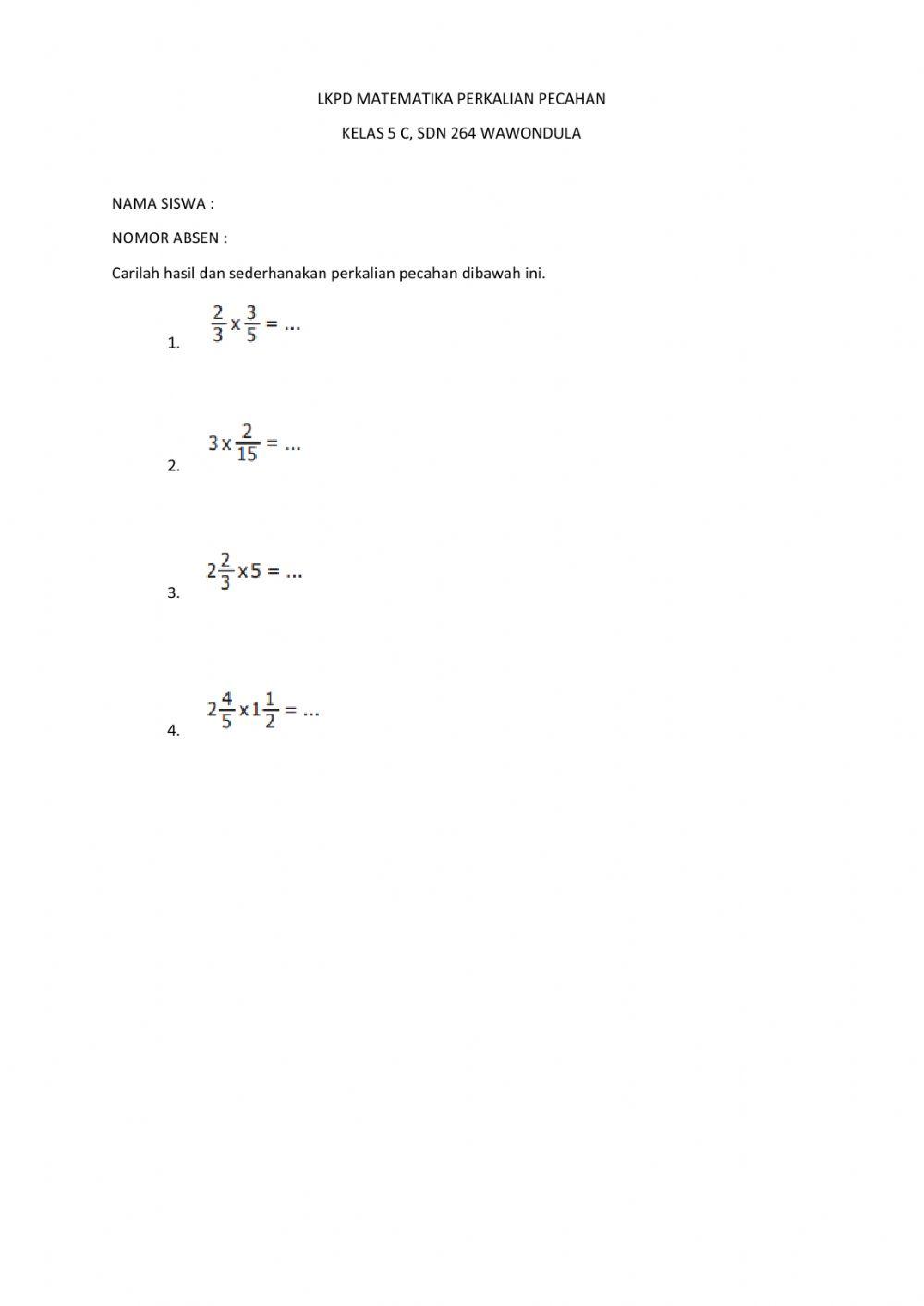 LKPD Matematika Perkalian Pecahan