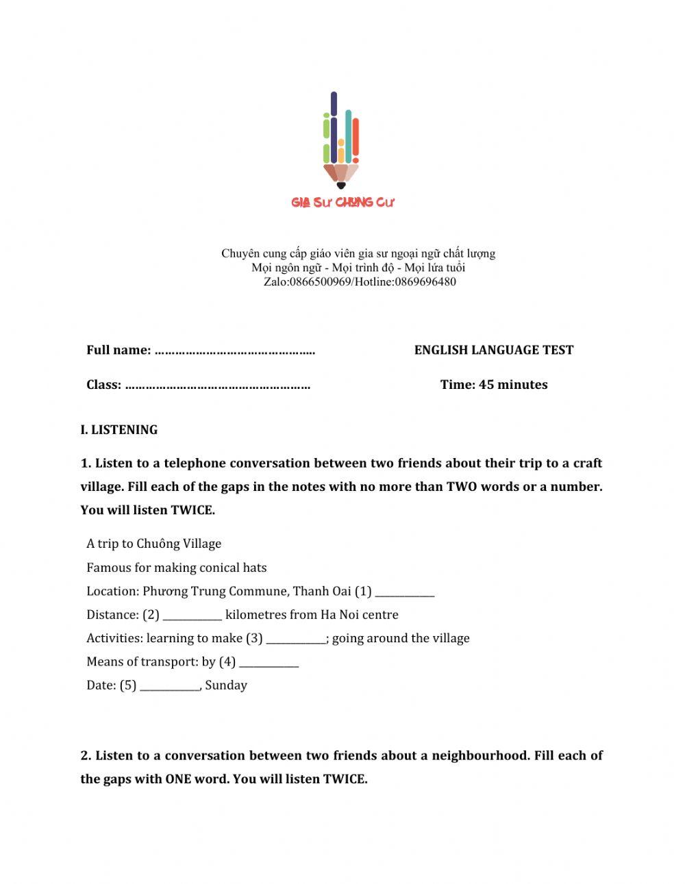 Lớp 9 - Kiểm tra 45 phút số 1 (Unit 1, 2, 3