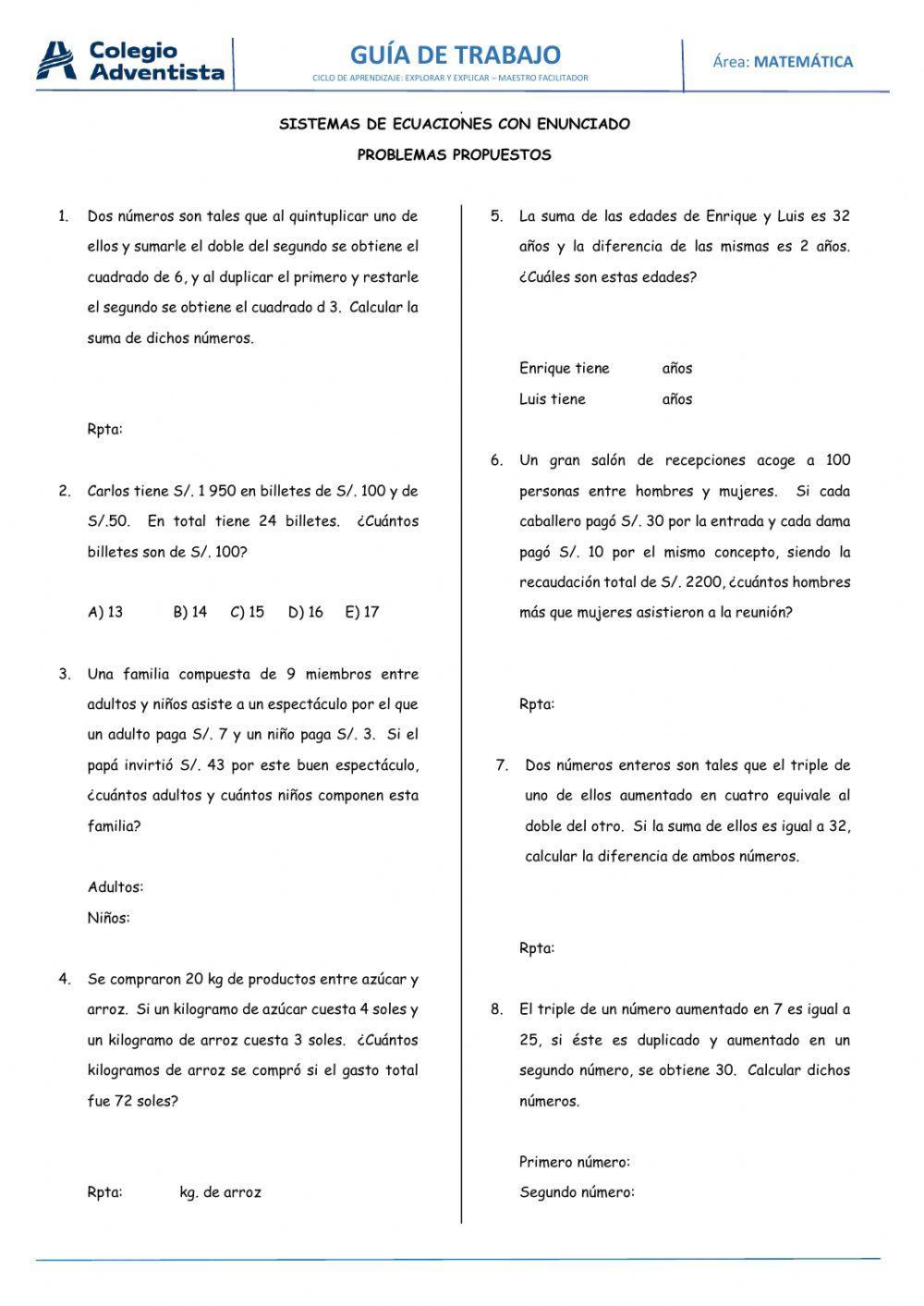 Problemas con sistemas de ecuaciones