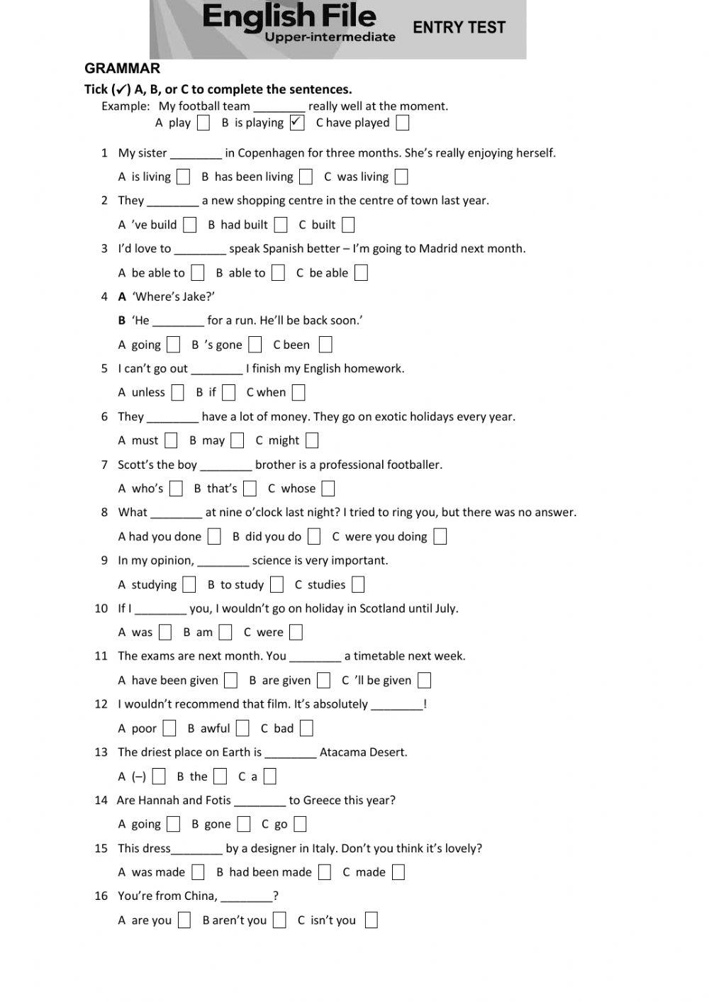 English file upper intermediate entry test online exercise for live