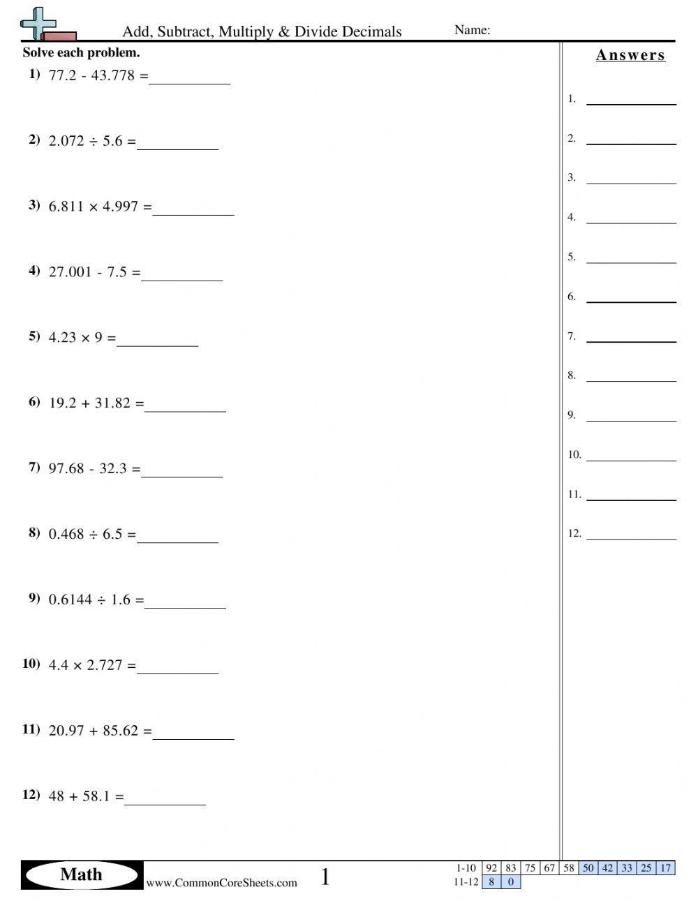 Adding, Subtracting, Multiplying and Dividing Decimals