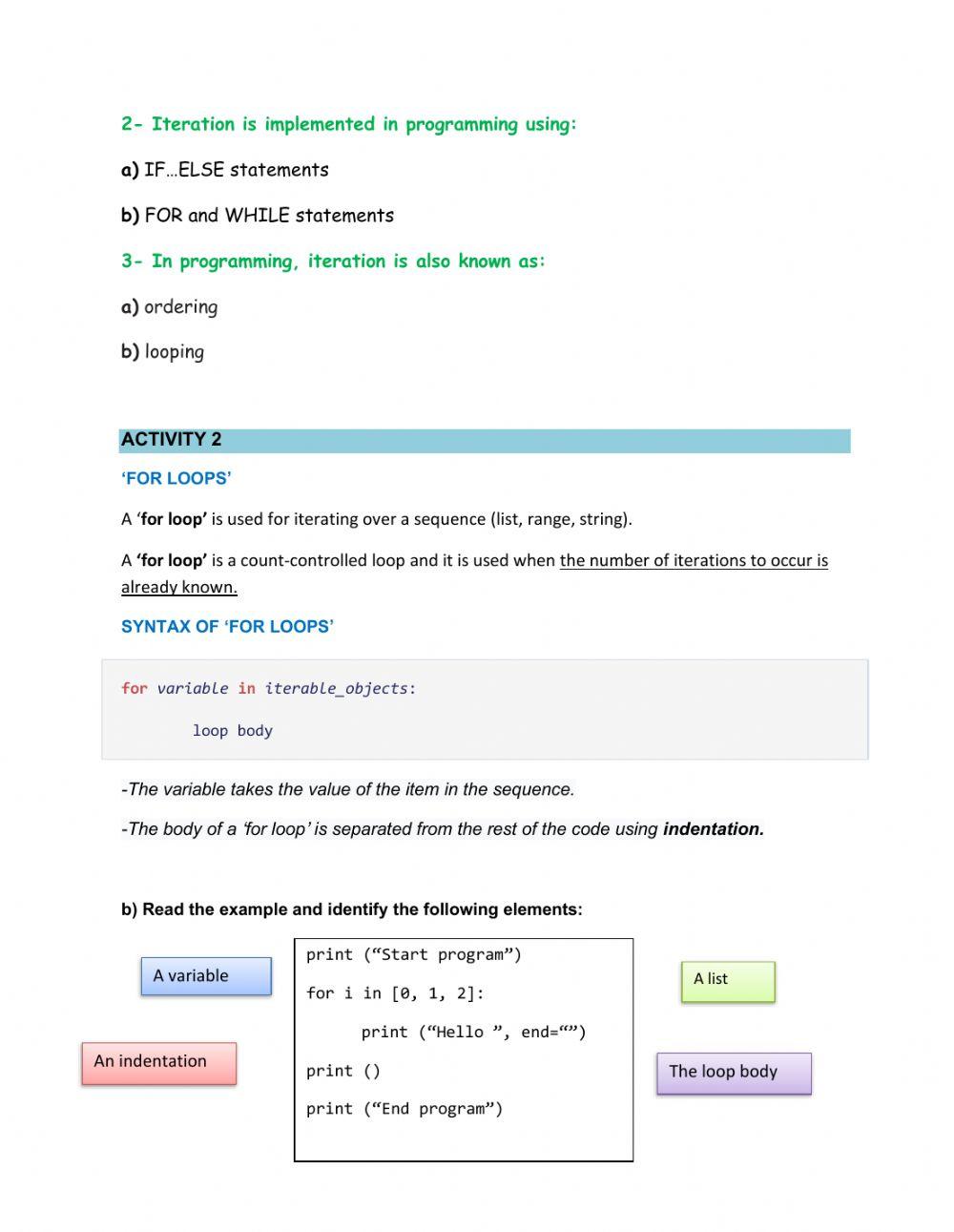 Iteration in programming worksheet | Live Worksheets