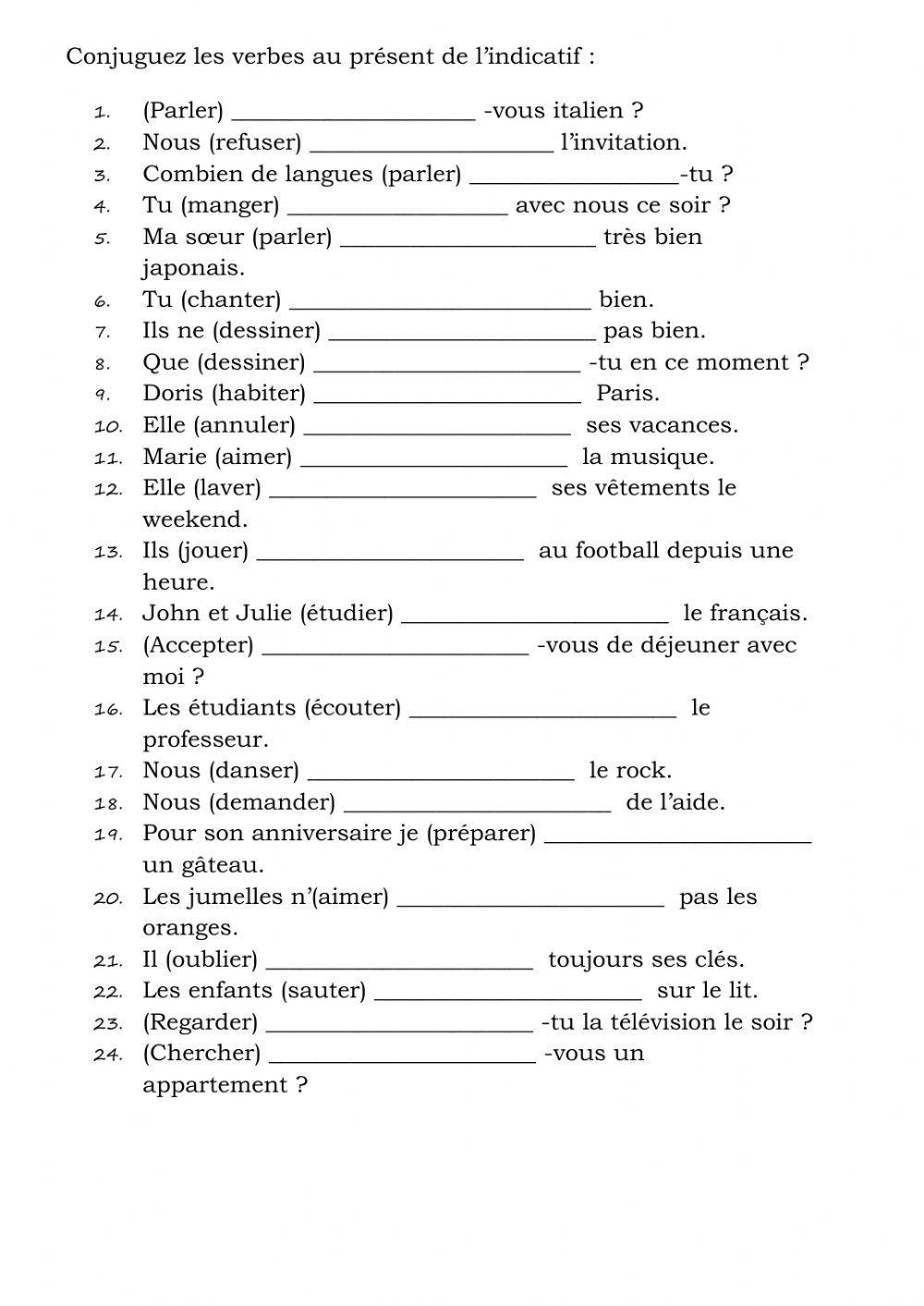 Les verbes en -er-au present online activity | Live Worksheets