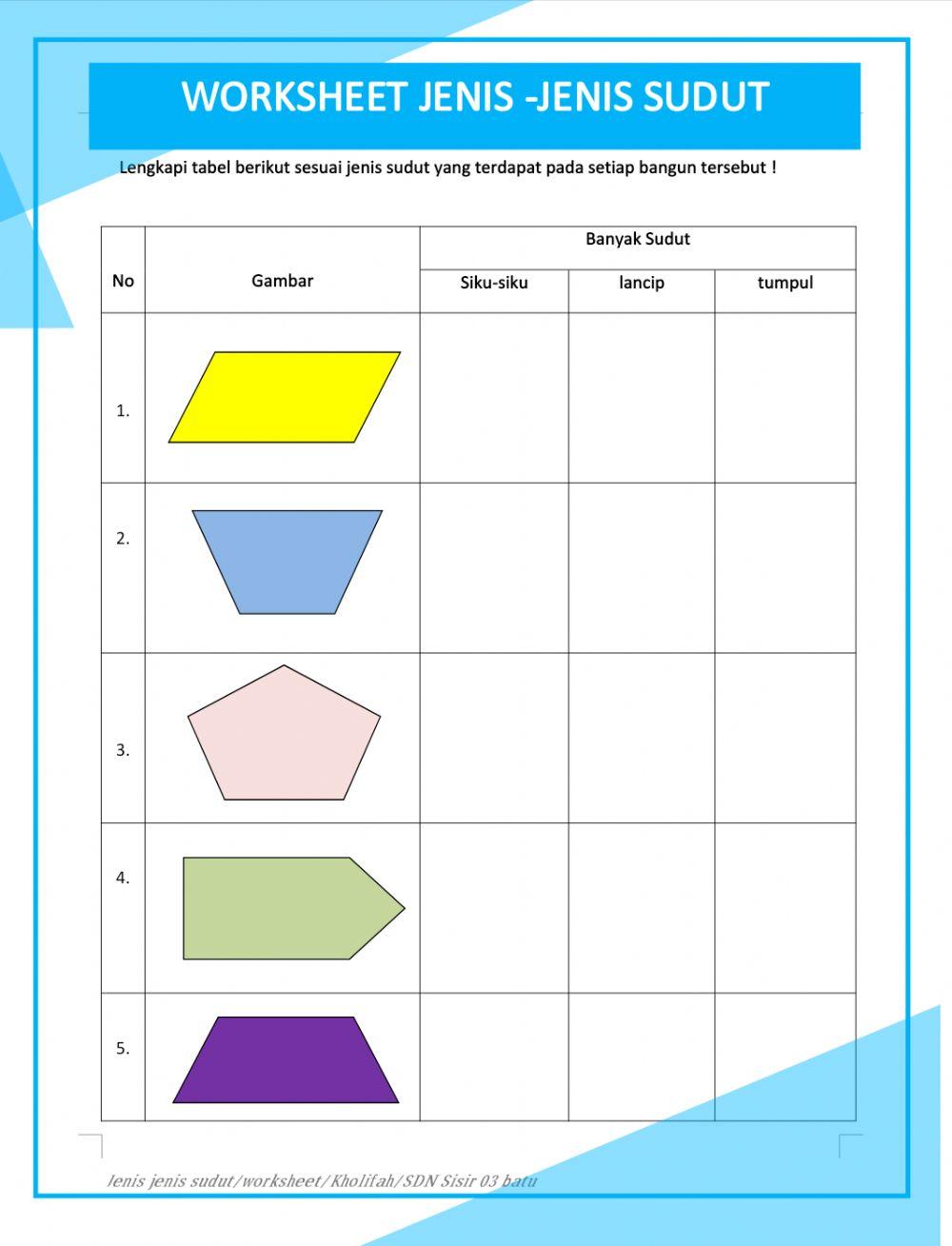 Melengkapi Tabel Banyaknya Jenis-Jenis Sudut Pada Bangun Datar