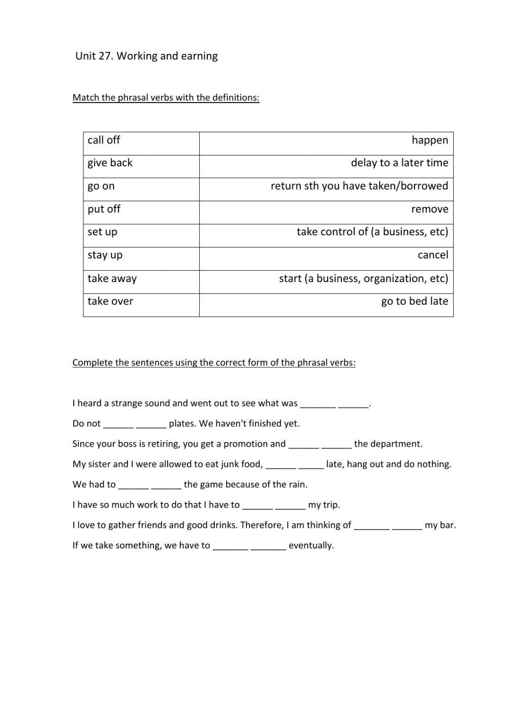 Working and earning Phrasals