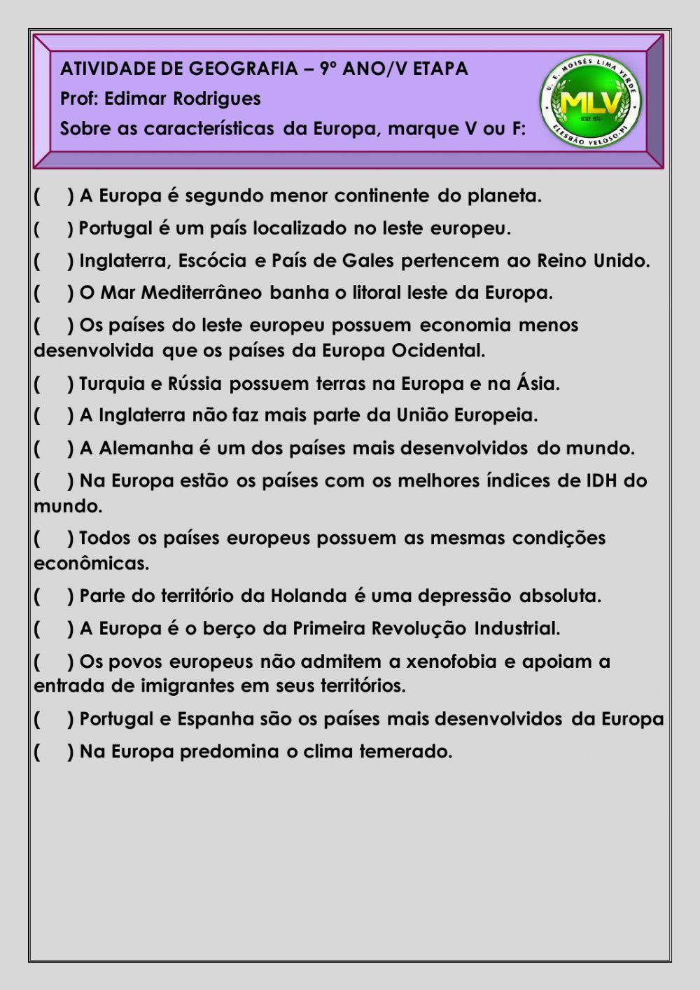 Atividade de geografia sobre a Europa