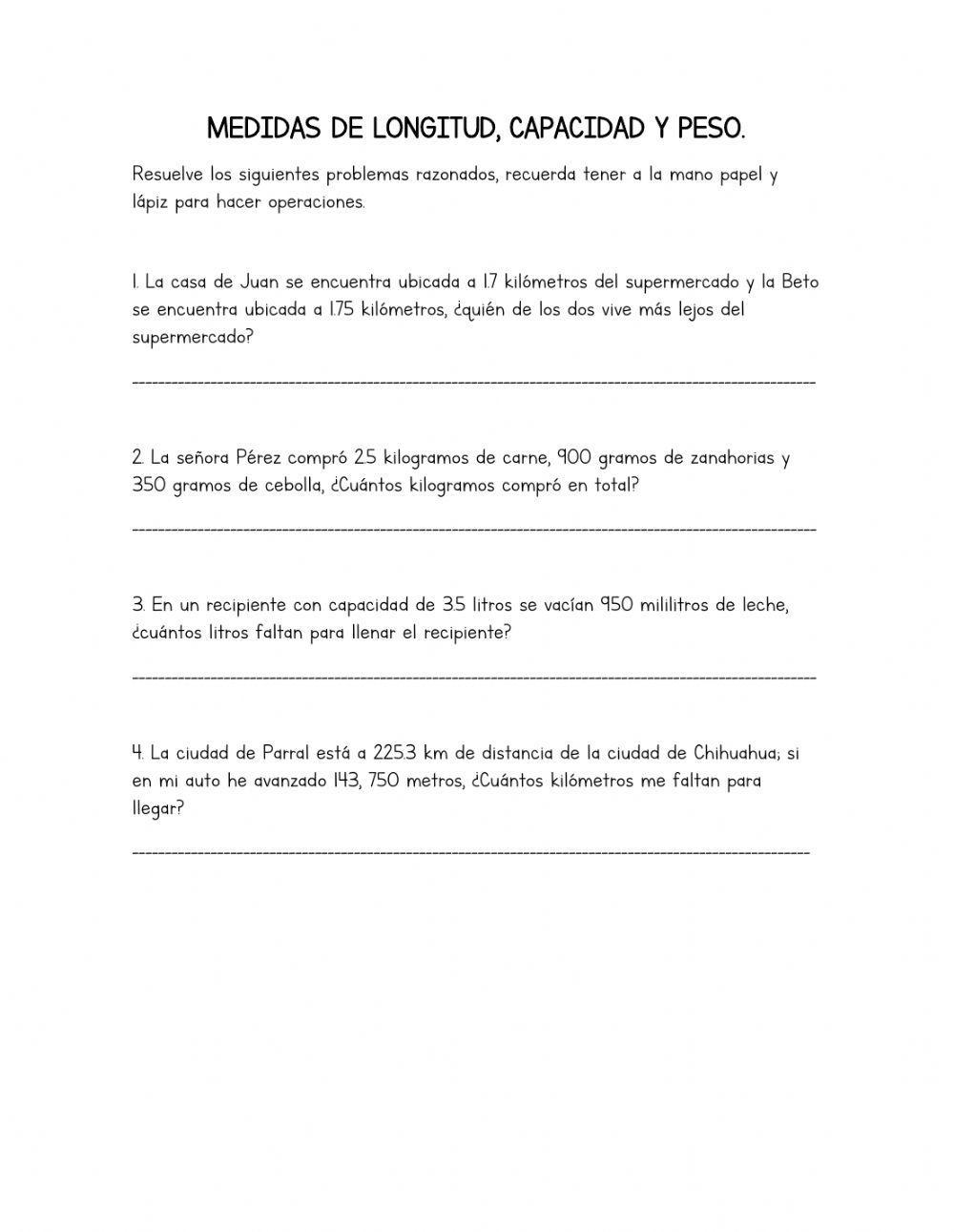 Medidas de longitud, capacidad y peso.