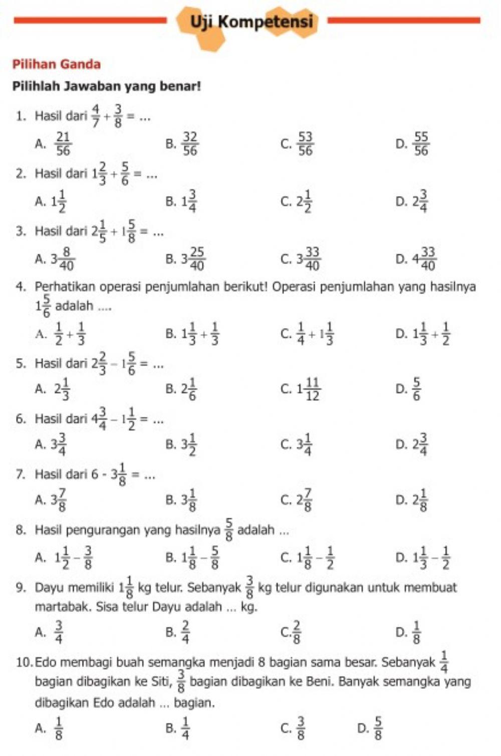 Penjumlahan dan Pengurangan Pecahan