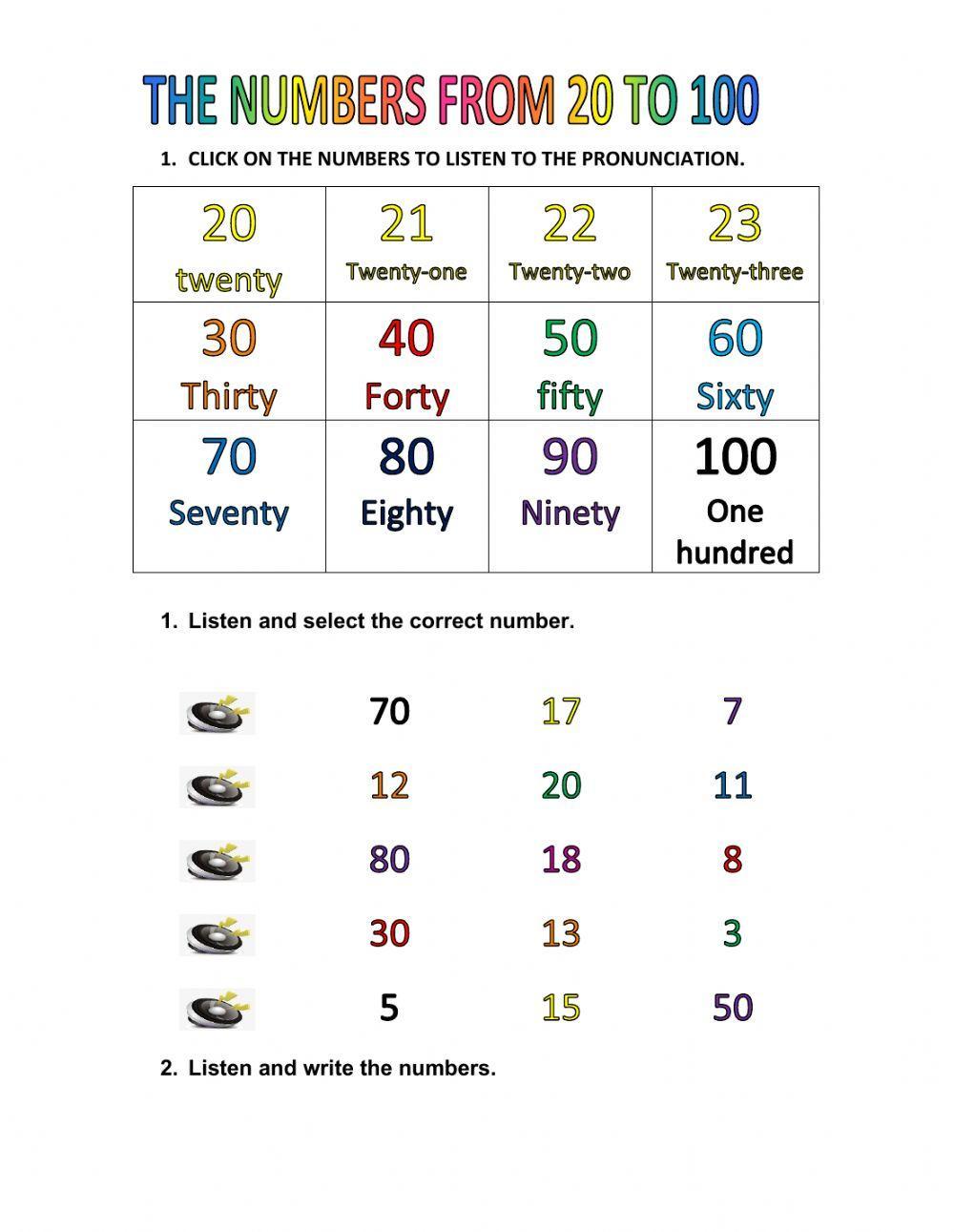 Numbers from 20 to 100 exercise