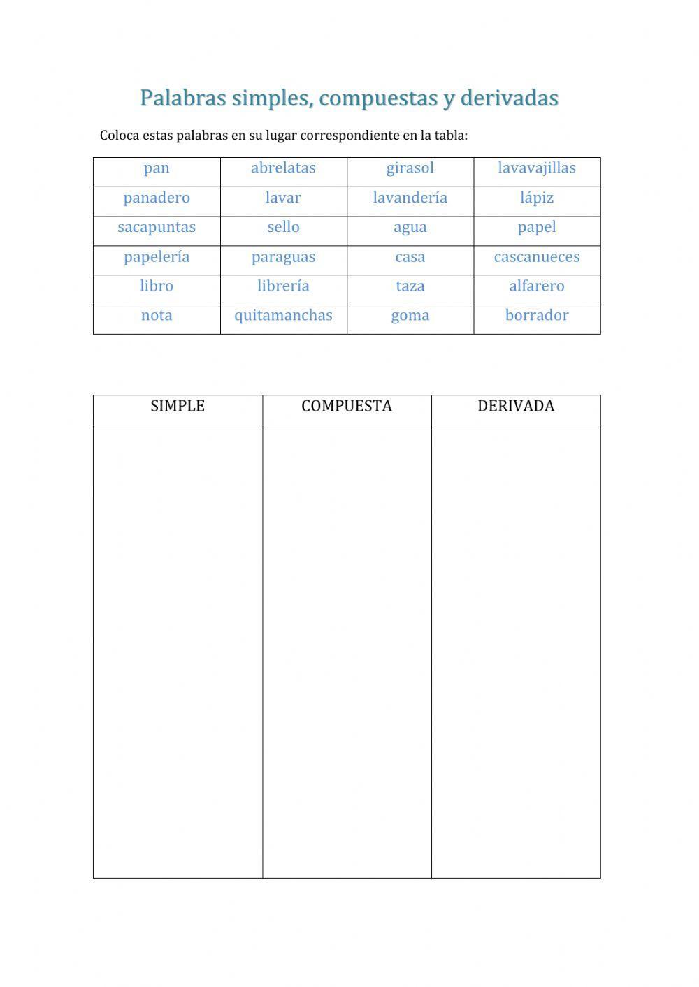 Palabras Simples Compuestas Y Derivadas Worksheet Live Worksheets