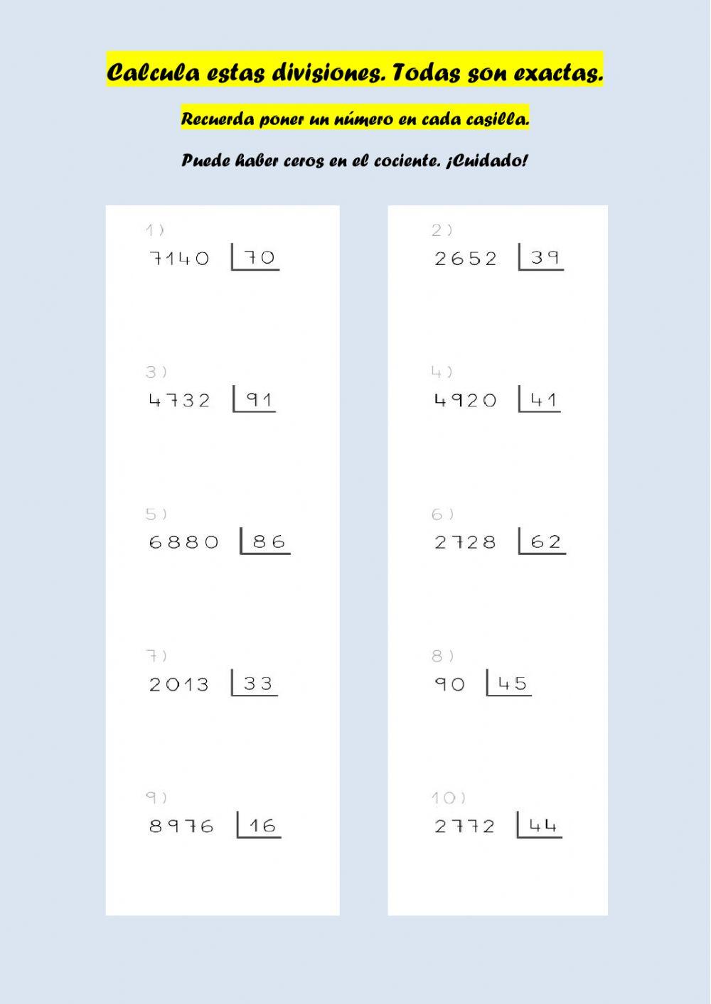Divisiones exactas. Divisor 2 cifras. Divisiones exactas. Divisor 2 cifras.