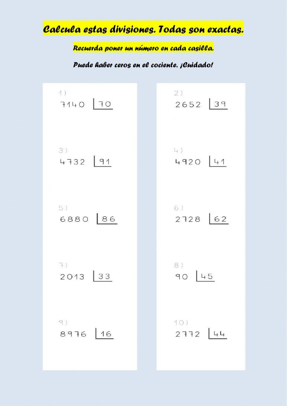 Divisiones exactas. Divisor 2 cifras.