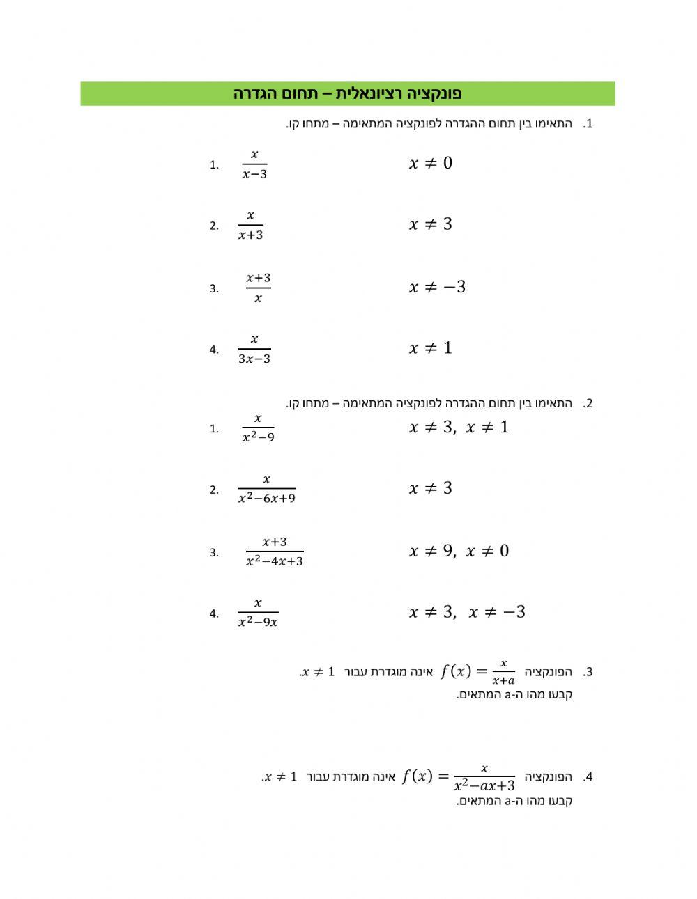 פונקציה רציונלית - תחום הגדרה