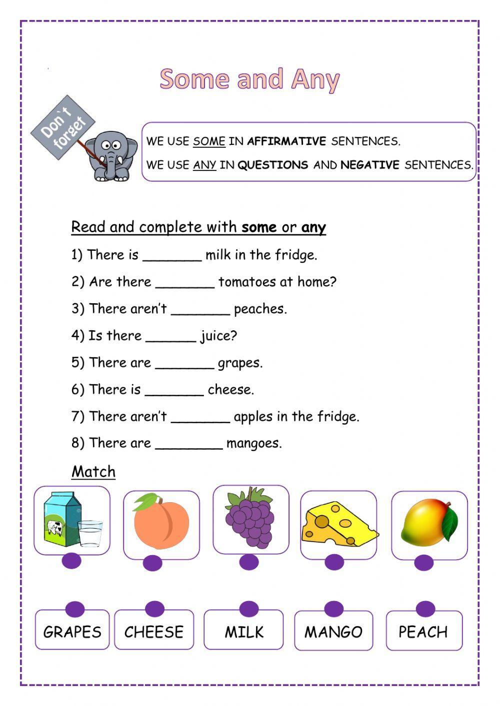 Some and Any interactive worksheet for grade 4