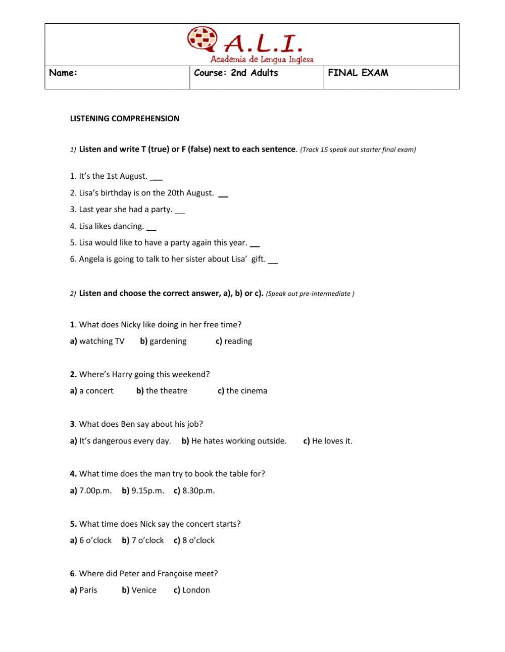 2nd Adults Final Exam Listening