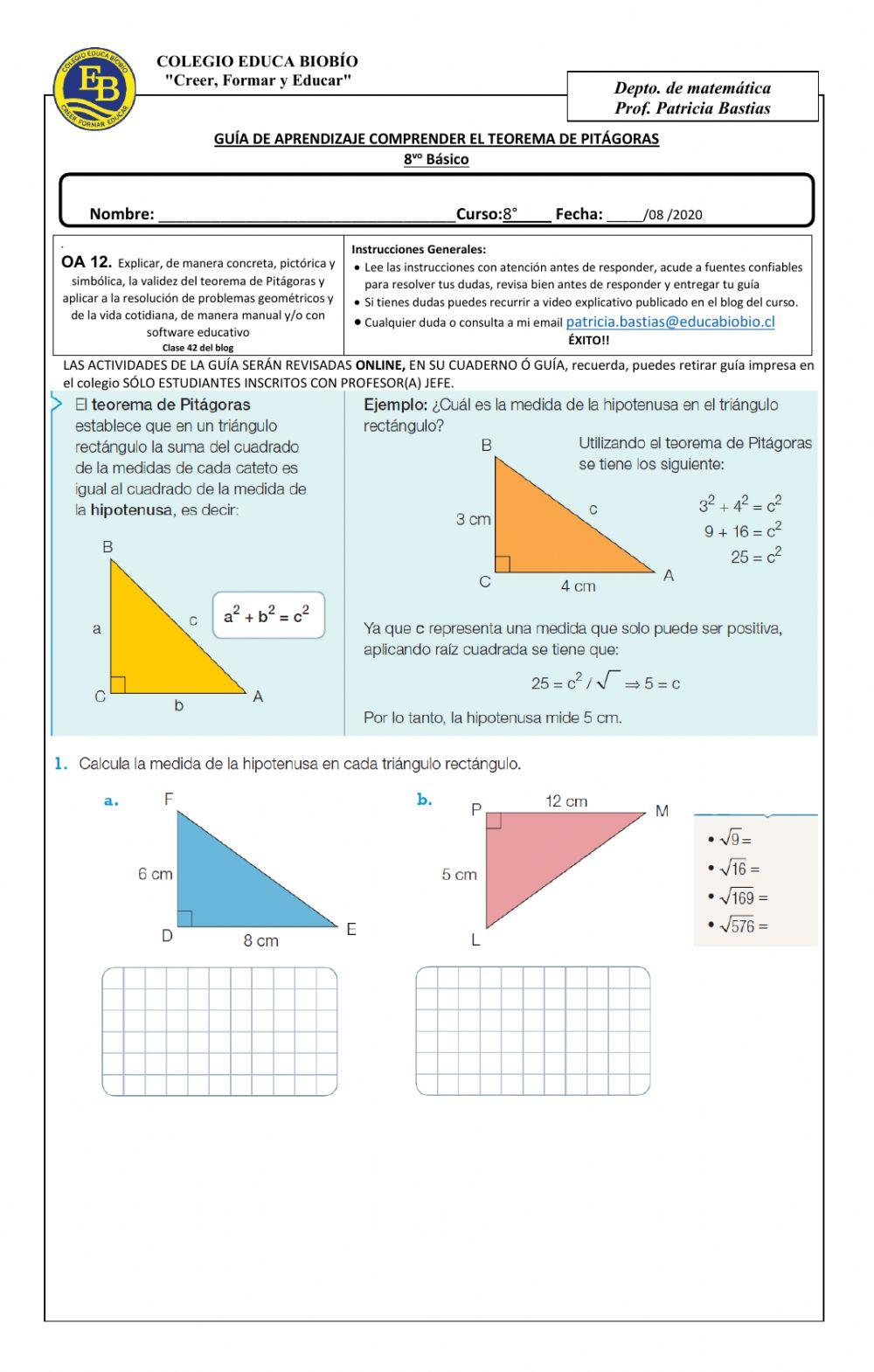 Clase 42 8° Comprender el teorema de pitágoras