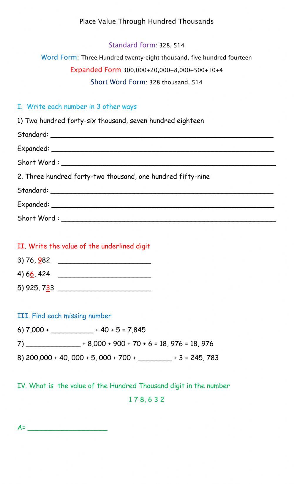 Place Value Through Hundred Thousands