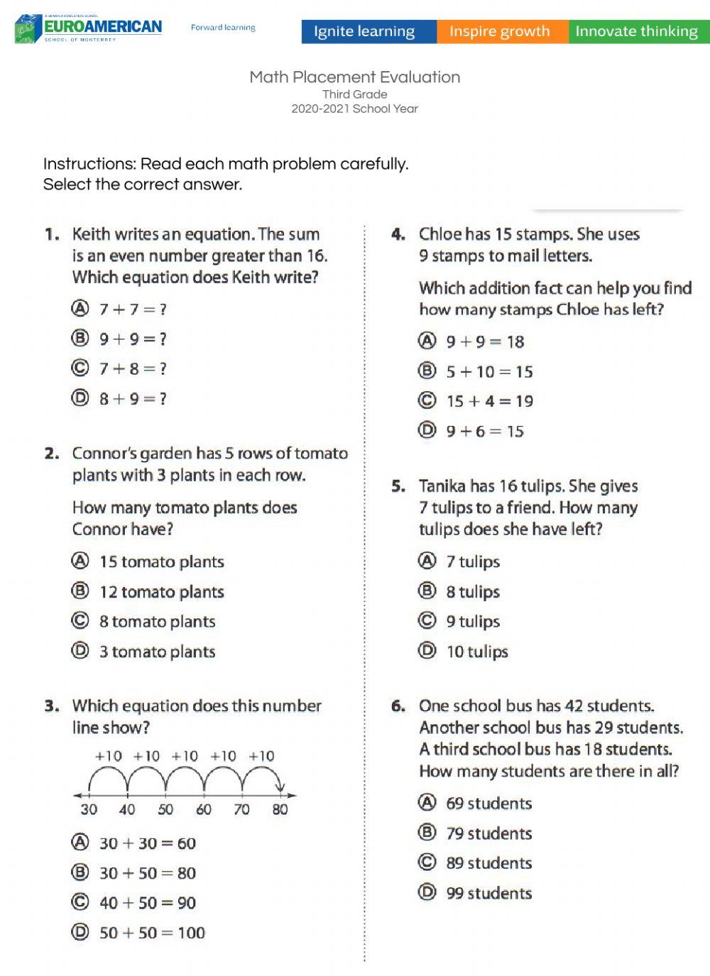 Math Placement worksheet | Live Worksheets