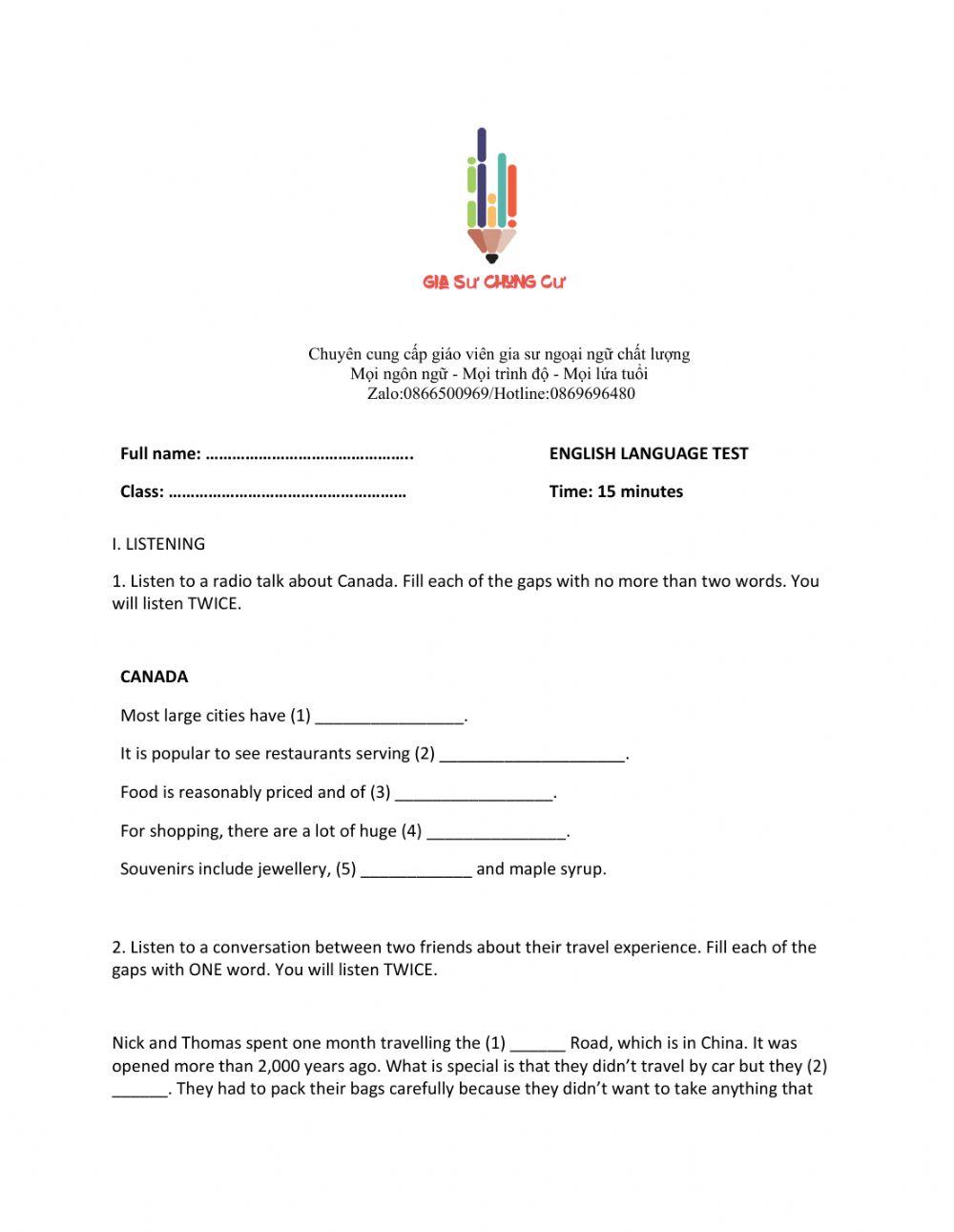 Lớp 9 - Unit 8 TOURISM - LISTENING