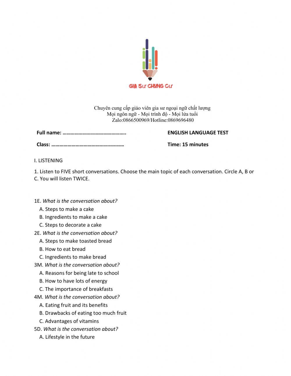 Lớp 9 - Unit 7 RECIPES AND EATING HABITS - LISTENING