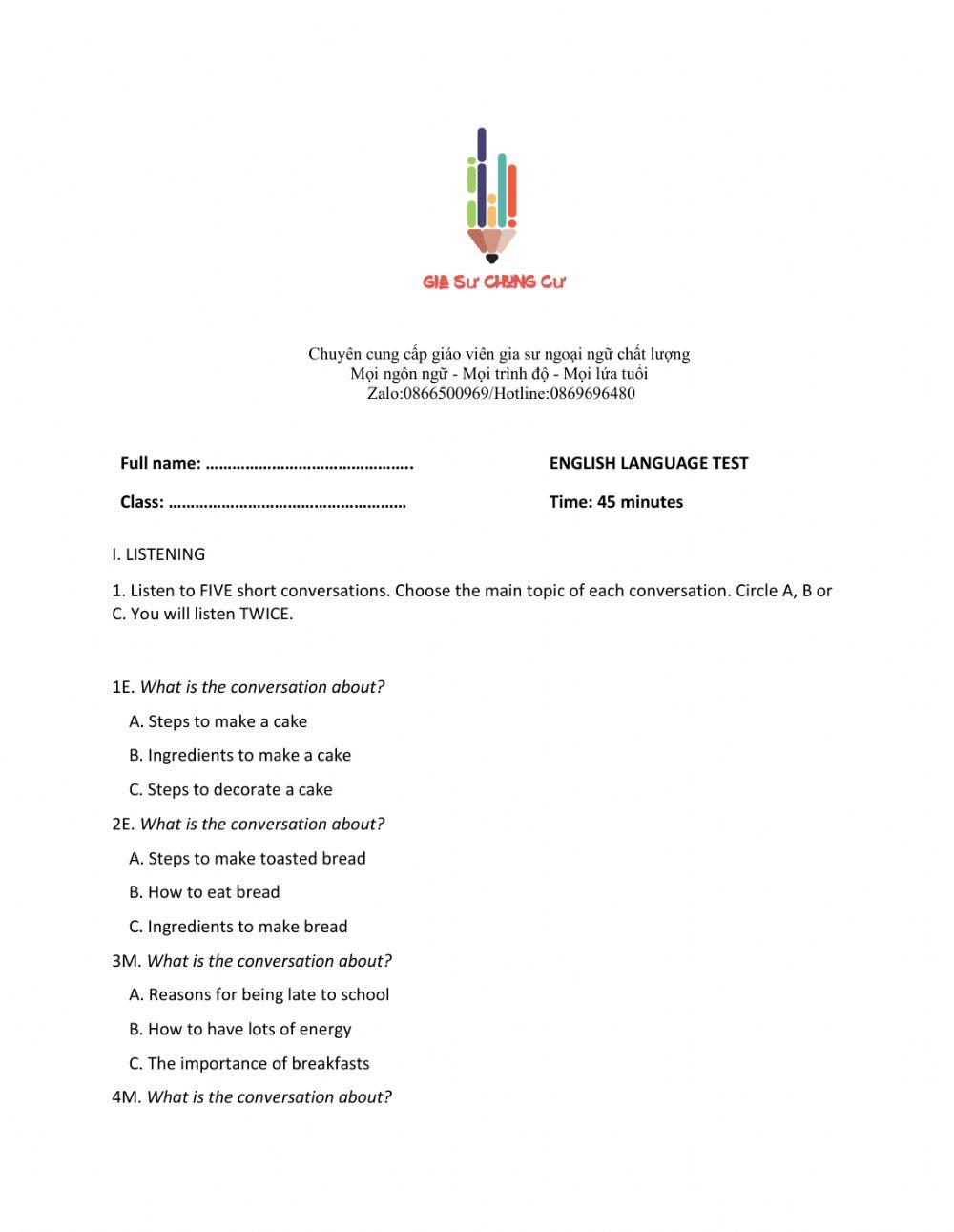 Lớp 9 - Kiểm tra 45 phút số 3 (Unit 7, 8)