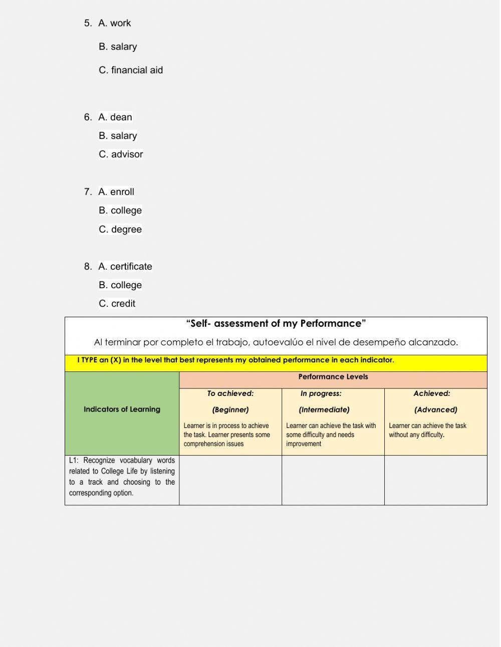 School life, vocabulary, concepts, college, university.