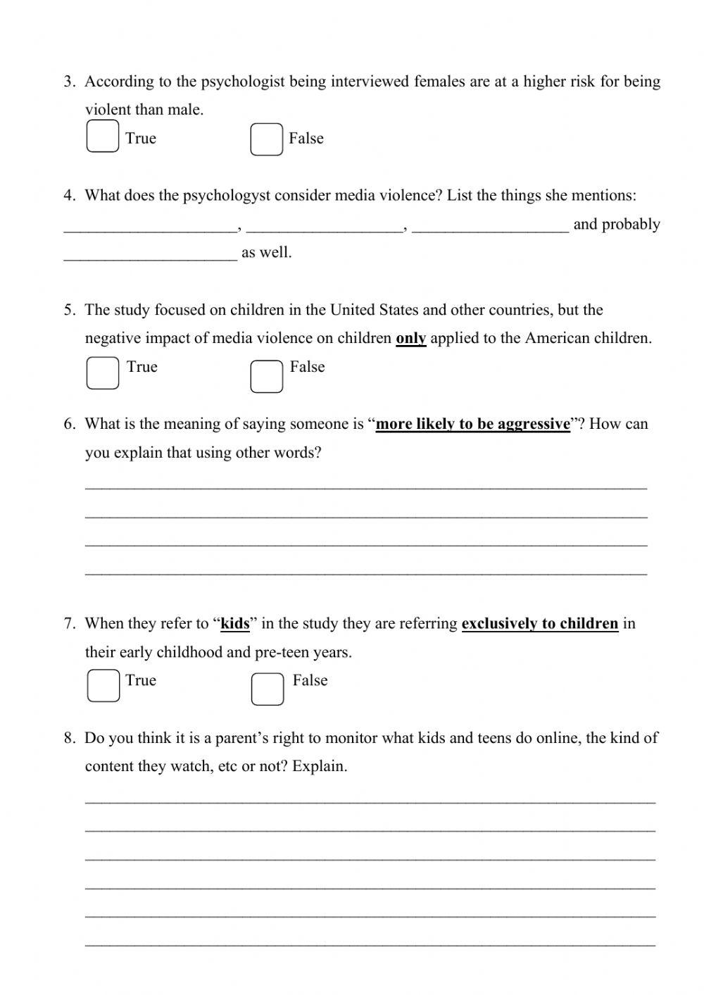 Video activity - the effect of violent media on kids