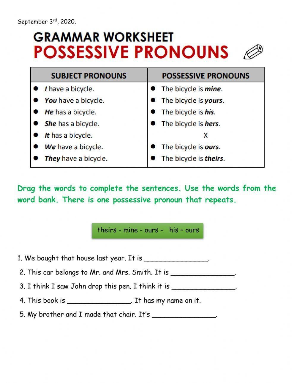 Possessive Pronouns Review