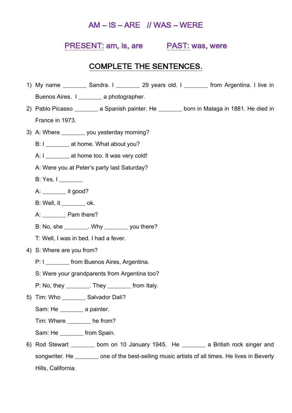 Verb to be (Present and Past Simple) worksheet | Live Worksheets