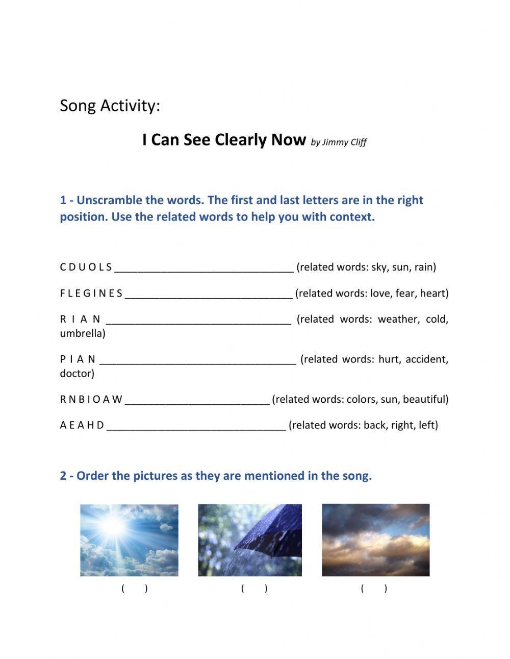 Song I can see clearly now worksheet Live Worksheets