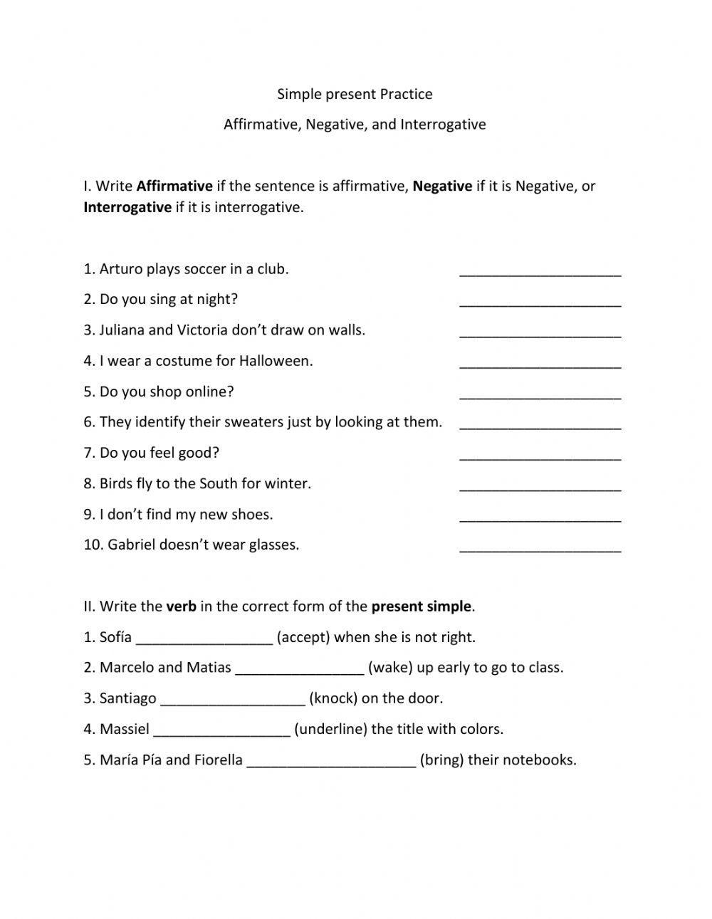 Present Simple Affirmative Negative Interrogative