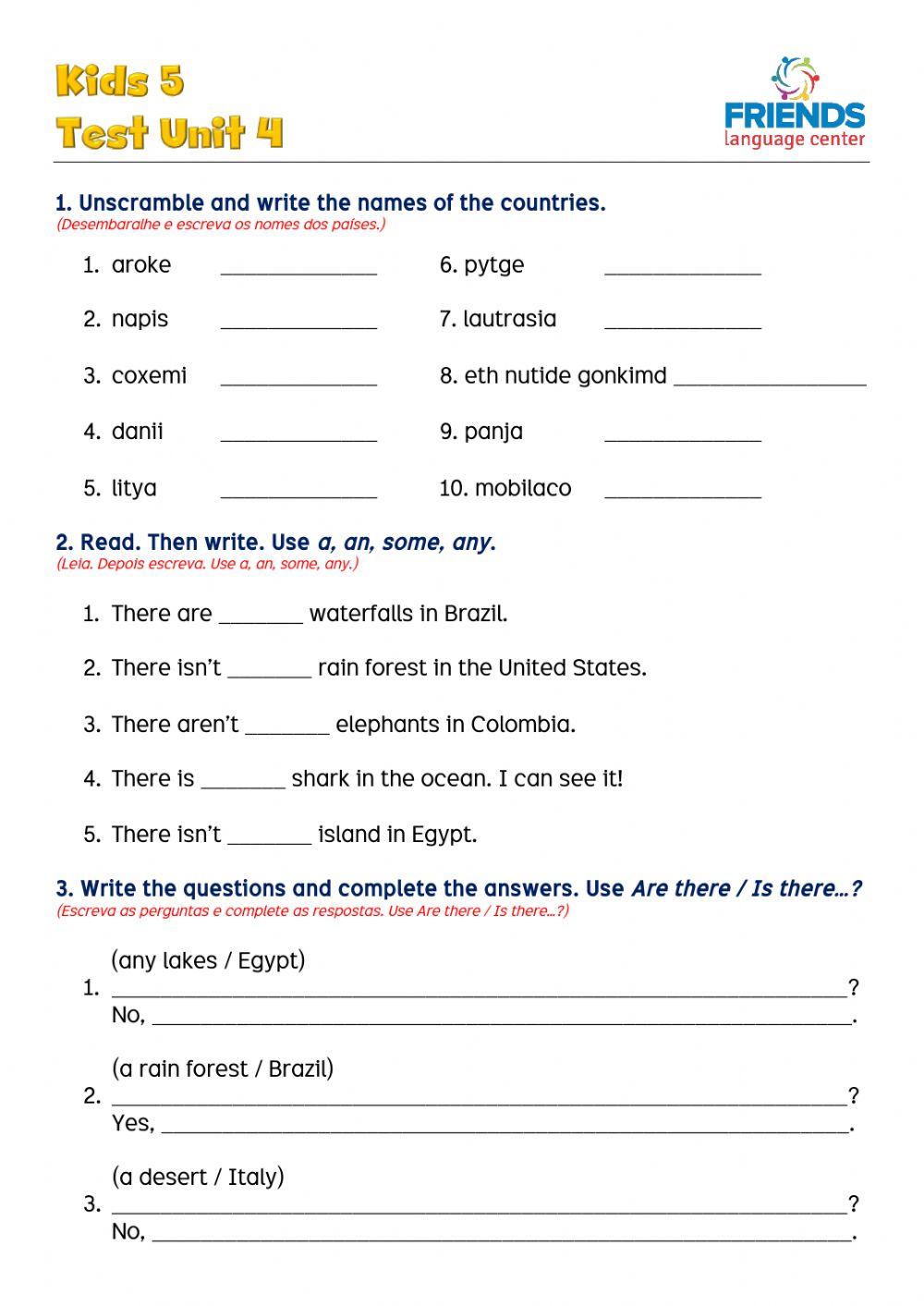 Kids 5 - Unit 4 Test