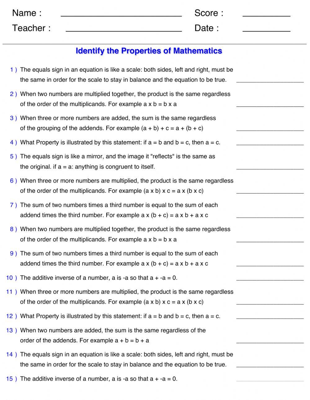 Properties Of Math worksheet Live Worksheets