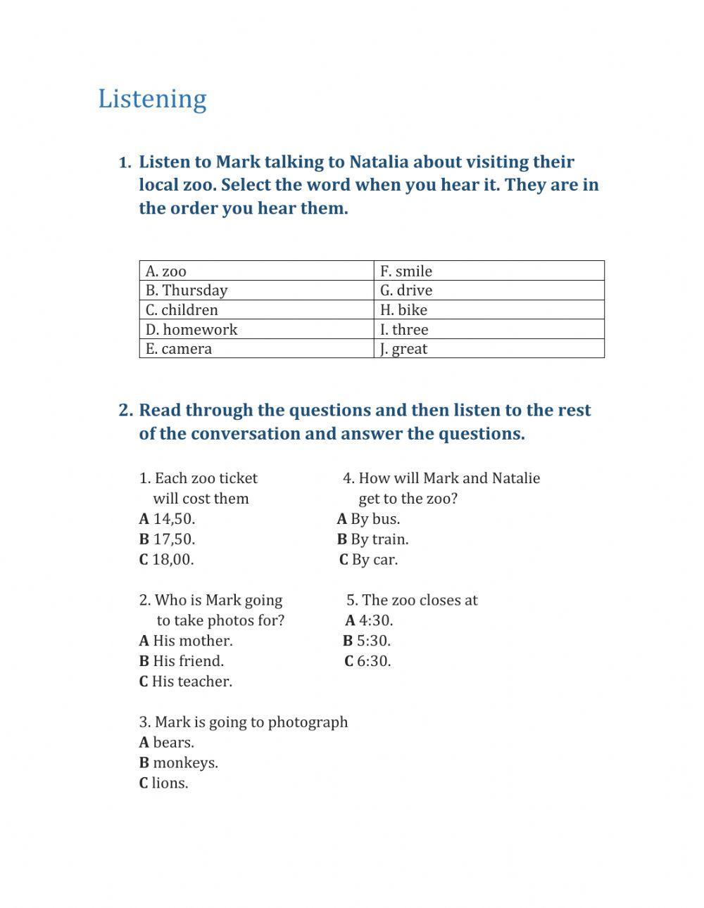 Going to the zoo- Listening