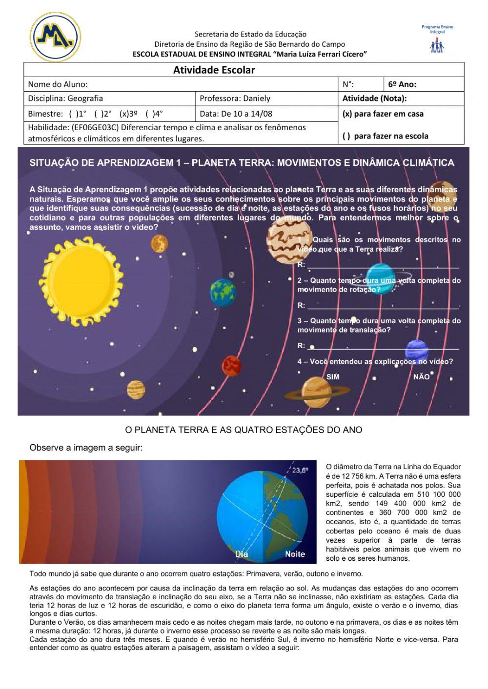 Situação de Aprendizagem 1 - PLANETA TERRA: MOVIMENTOS E DINÂMICA CLIMÁTICA