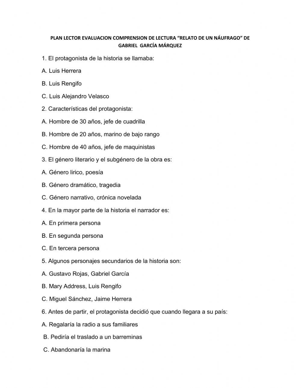 Evaluación plan lector: relato de un naufrago