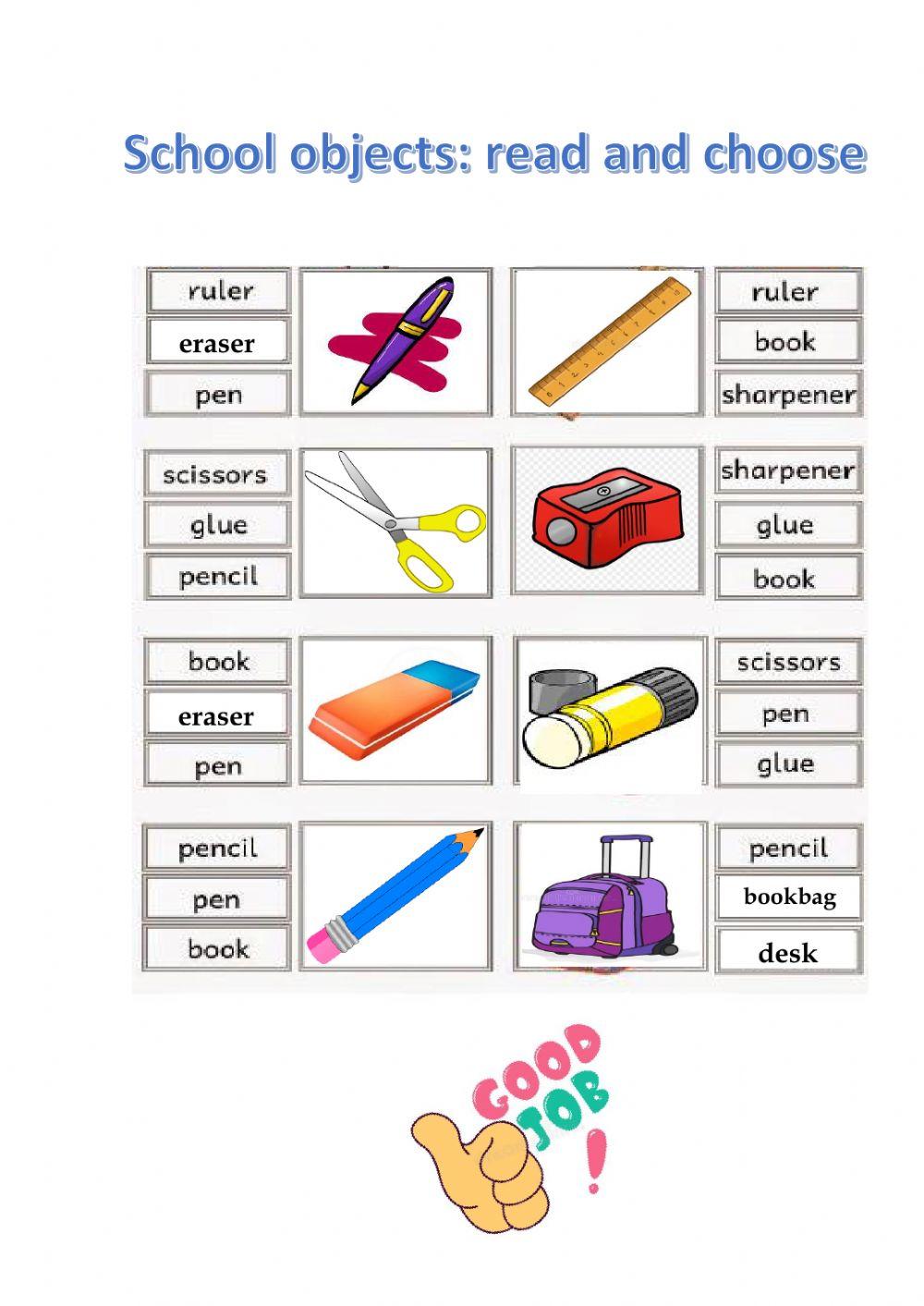School objects: read and choose