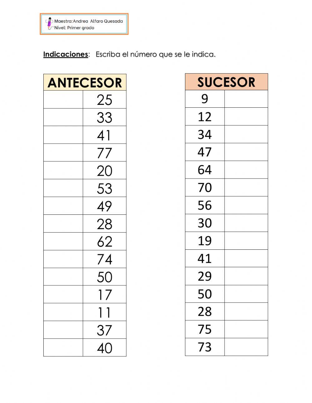 Números antecesor y sucesor