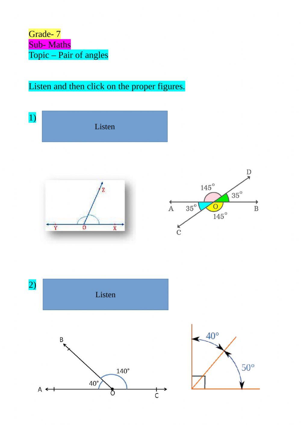 grade 7 - pair of angles listening activity